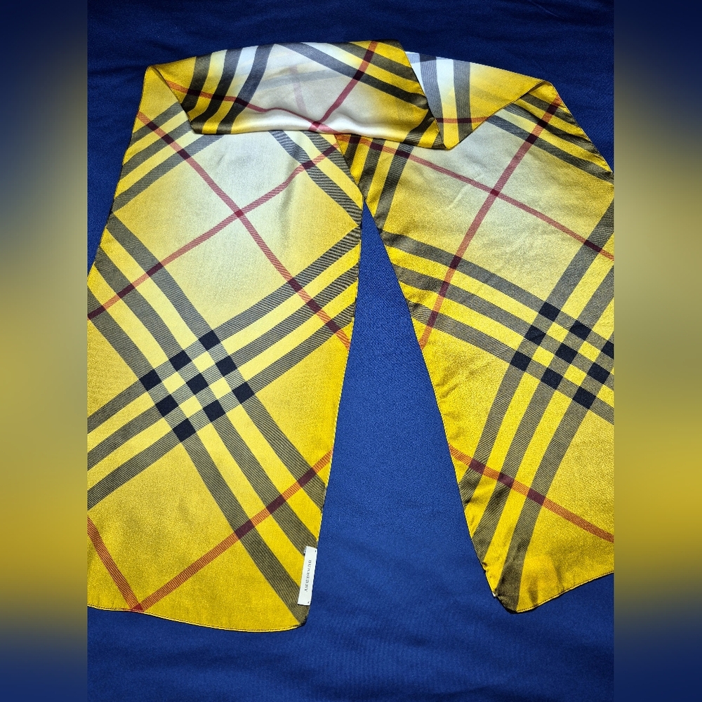 Burberry Yellow Plaid Silk Scarf with Black and Red Accents - Picture 5 of 11